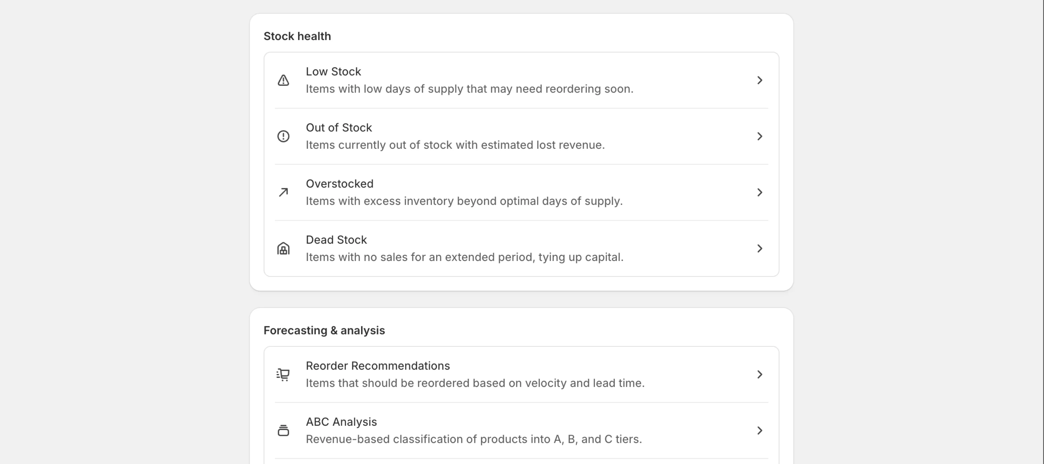 Built-in inventory reports and scheduled delivery