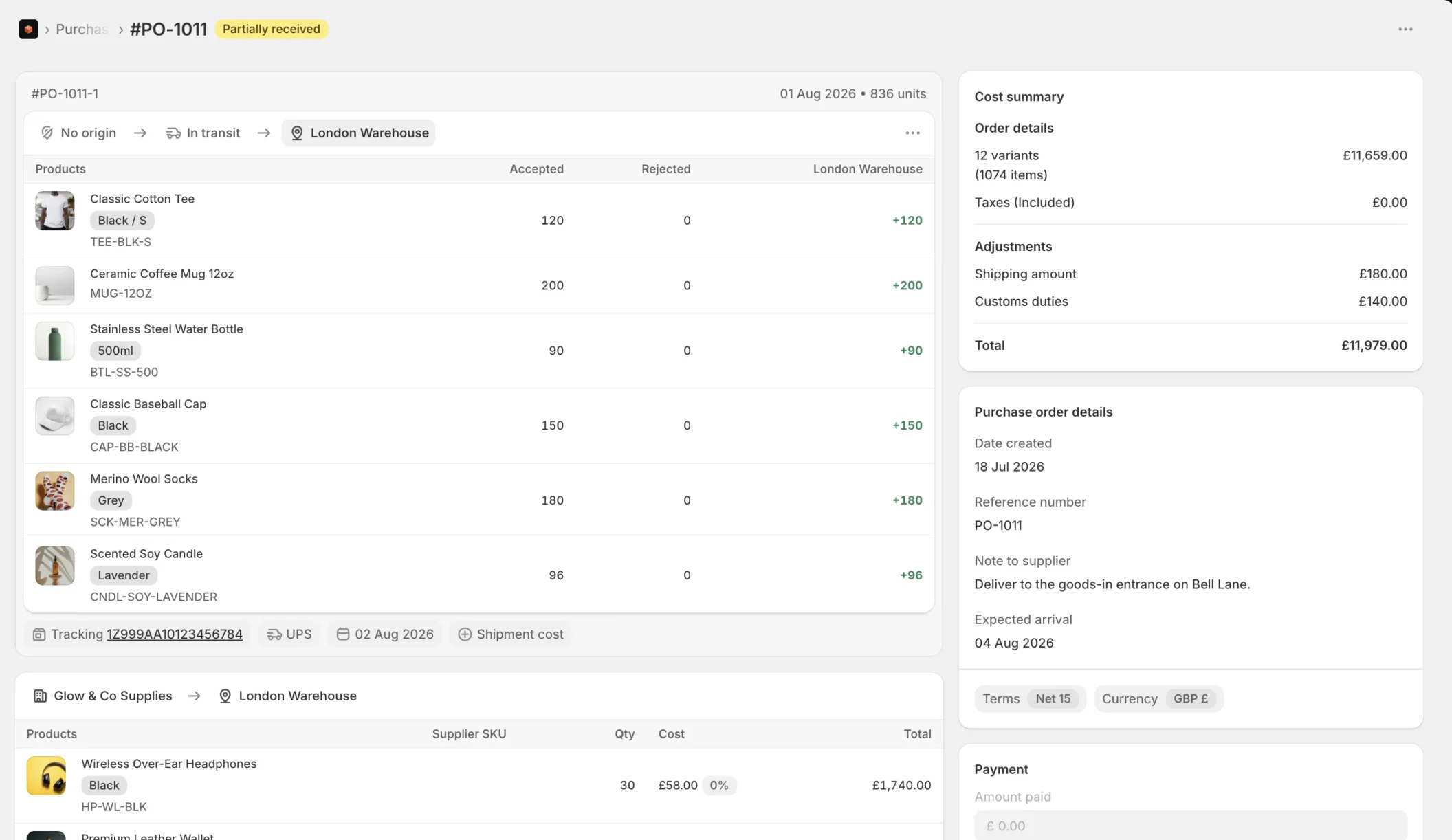 A partially received Stockful purchase order: accepted and rejected quantities per line, supplier SKUs, and a cost summary where shipping and customs duties land in the order total